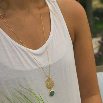 Extra Long Aqua Marine Round Pendant Necklace For Woman / Aquamarine And Gold Necklace / Classic Pendant Necklace / Christmas Gift